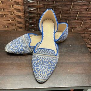 Restricted Blue and Tan Flats with Geometric Embroidery Size 6.